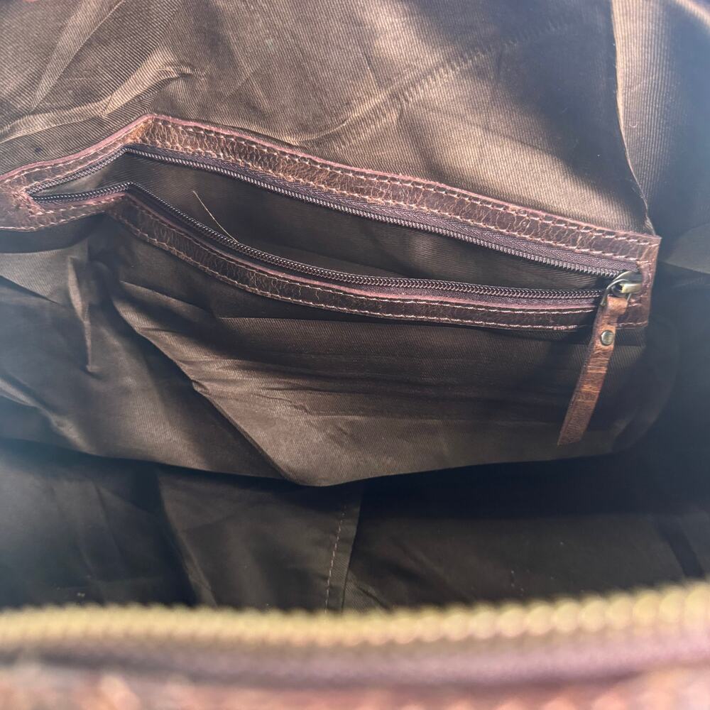 Vintage 90’s Brown Leather Weekender Duffle Patchwork Bag 20”x10”x10” Logo/Name - Picture 7 of 13